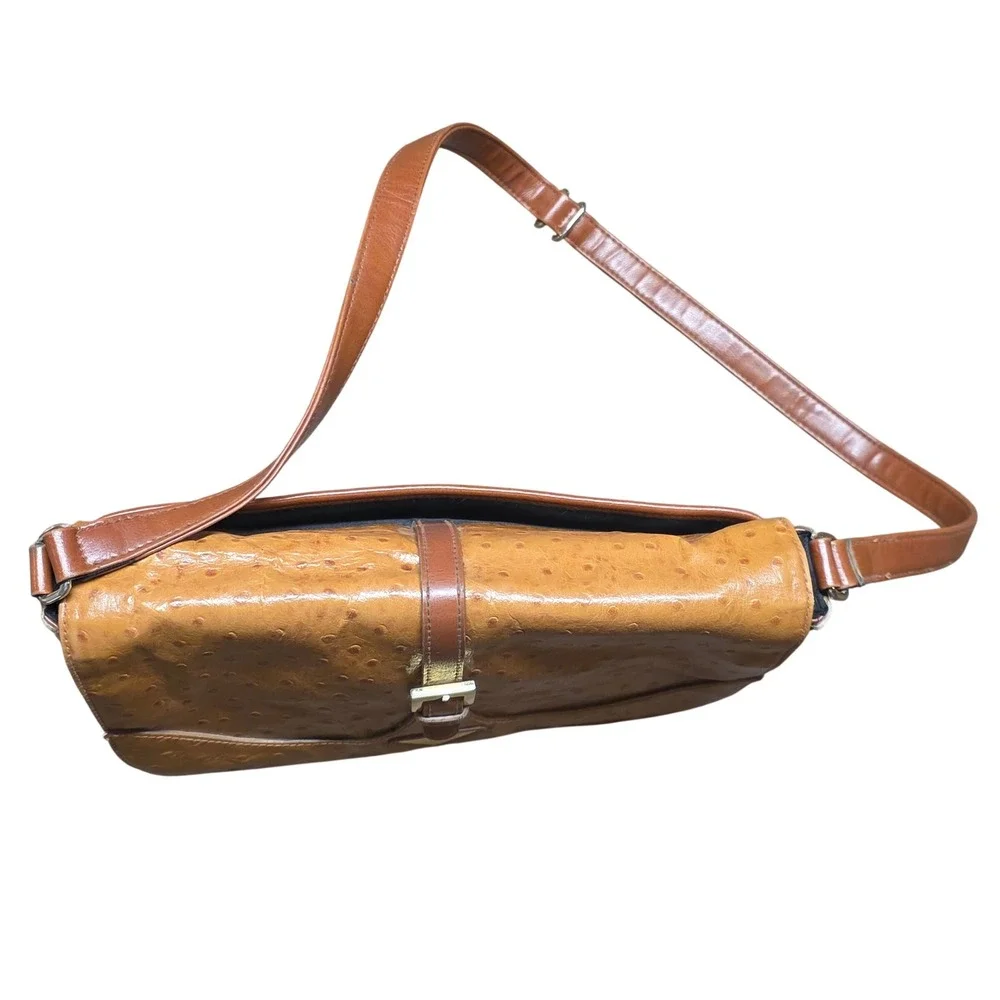 Y2K Vintage M.C. Faux Ostrich Embossed Shoulder Bag Cognac Brown Buckle Flap